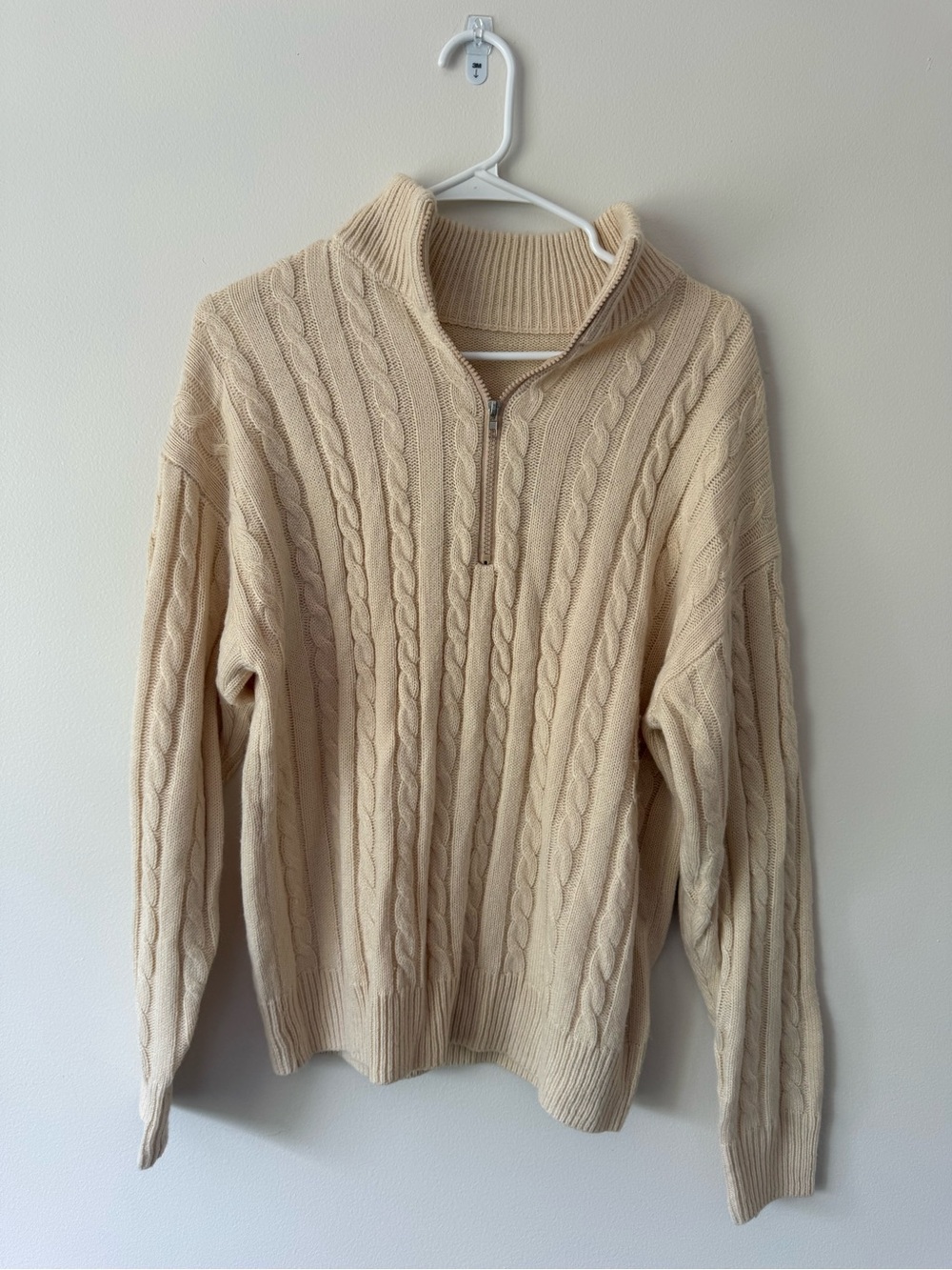 Men's Cream Cable-Knit Half-Zip Sweater
